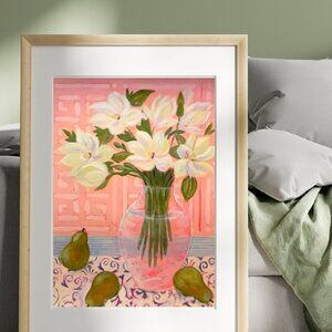 Original Acrylic Floral Painting Fashion Wall Decor  Handmade Ivory and…